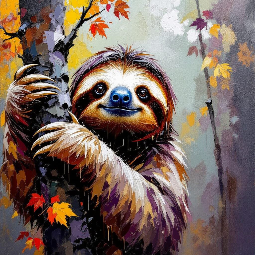 Textured Sloth in Autumn Rain, Impasto Style