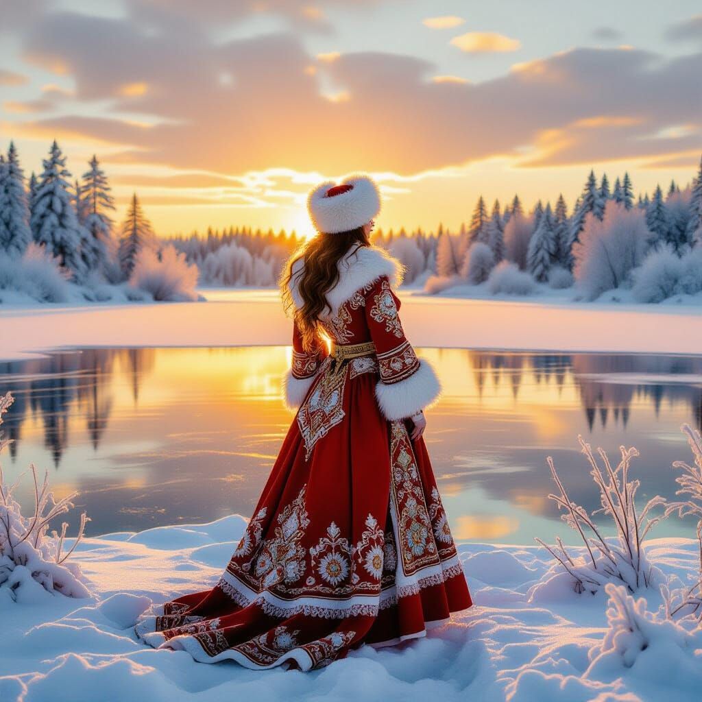 Woman in Russian Dress on Frozen Lake