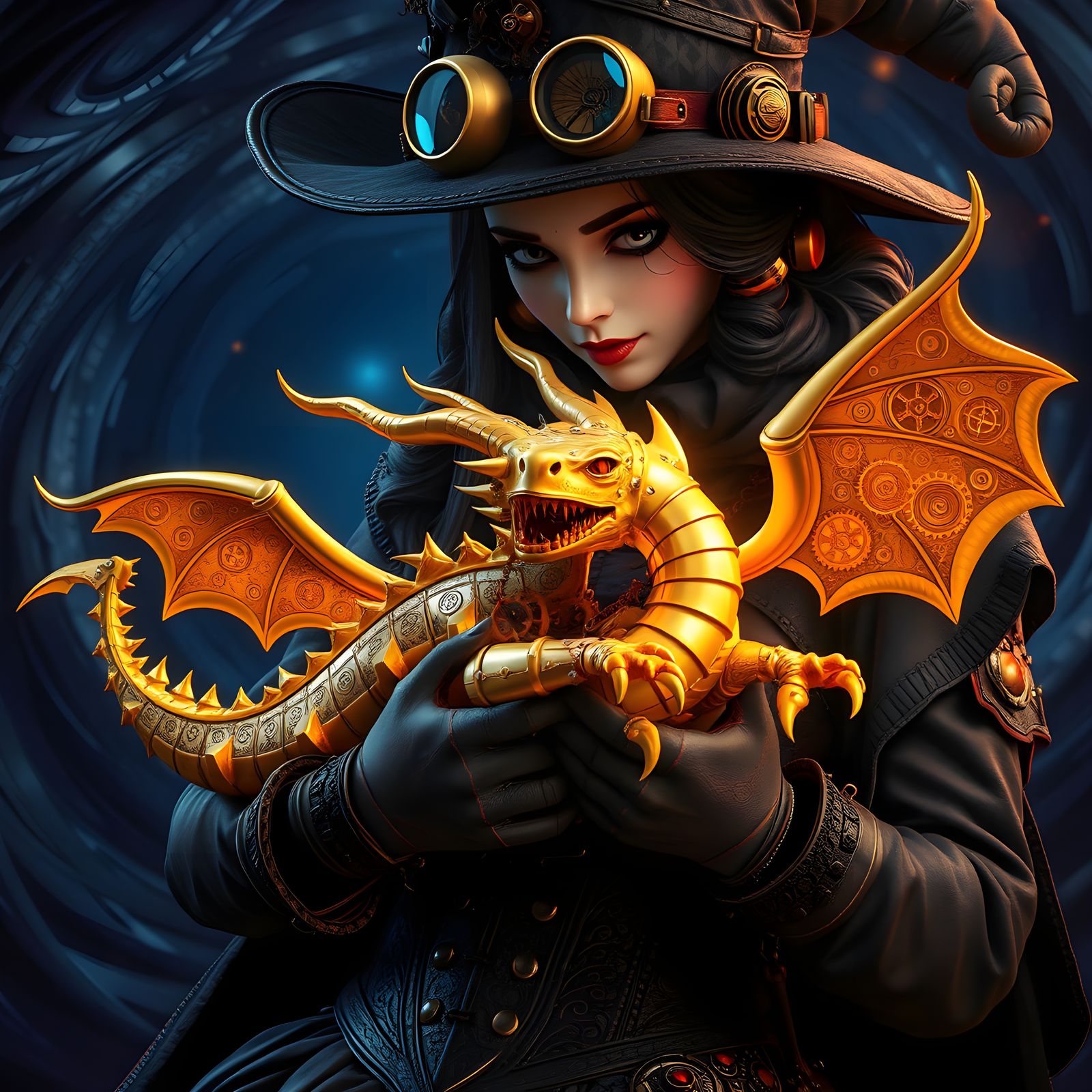 Steampunk Witch with Mechanical Golden Dragon, Digital Art