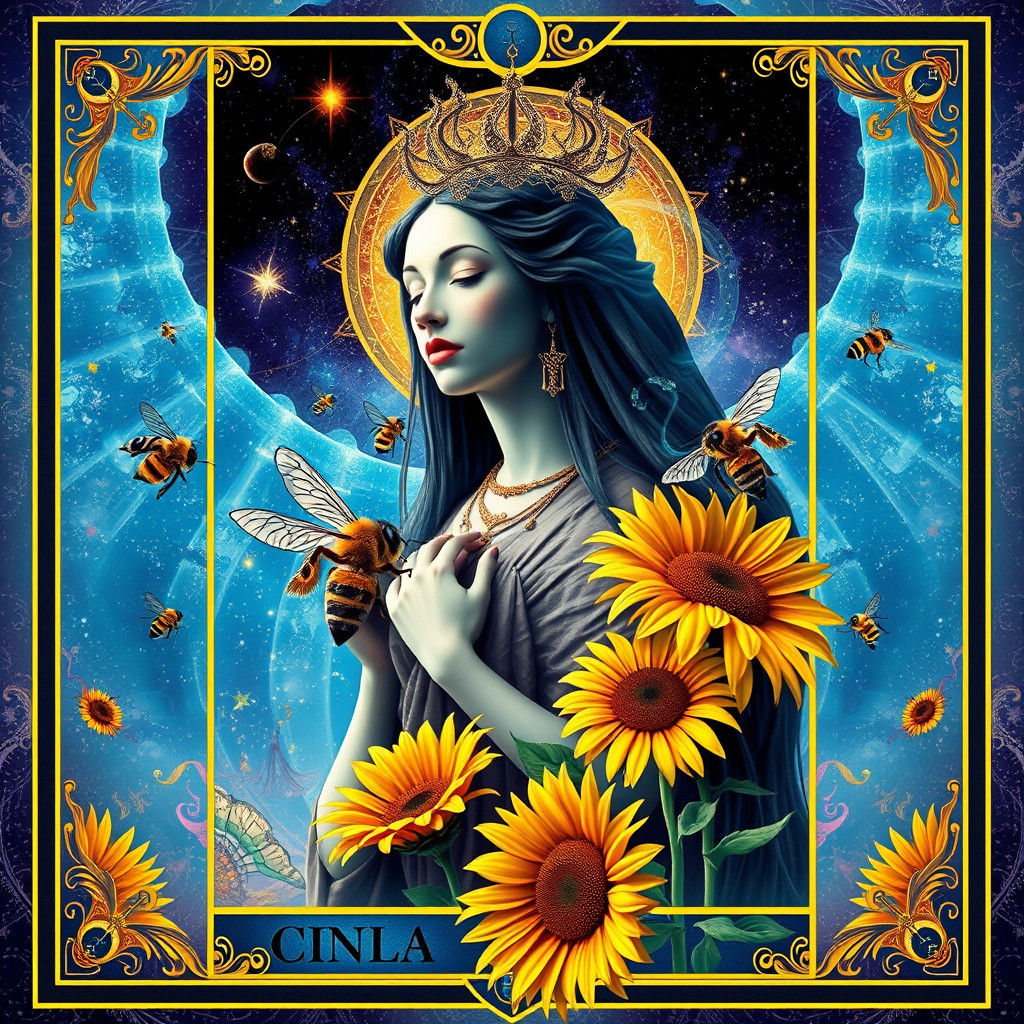 Goddess with Bees and Sunflowers in Dali Style