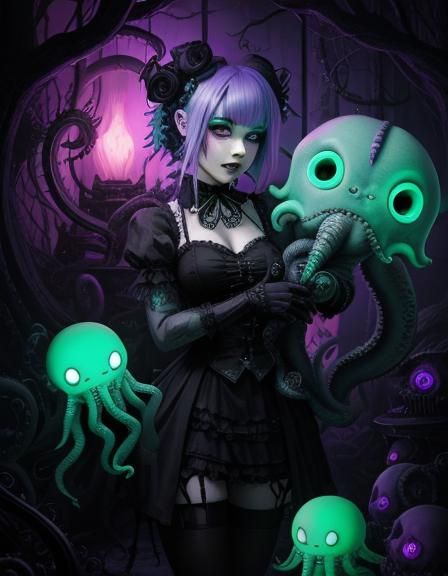 Pastel Punk Princess with Cthulhu Doll: Surreal Fantasy Art