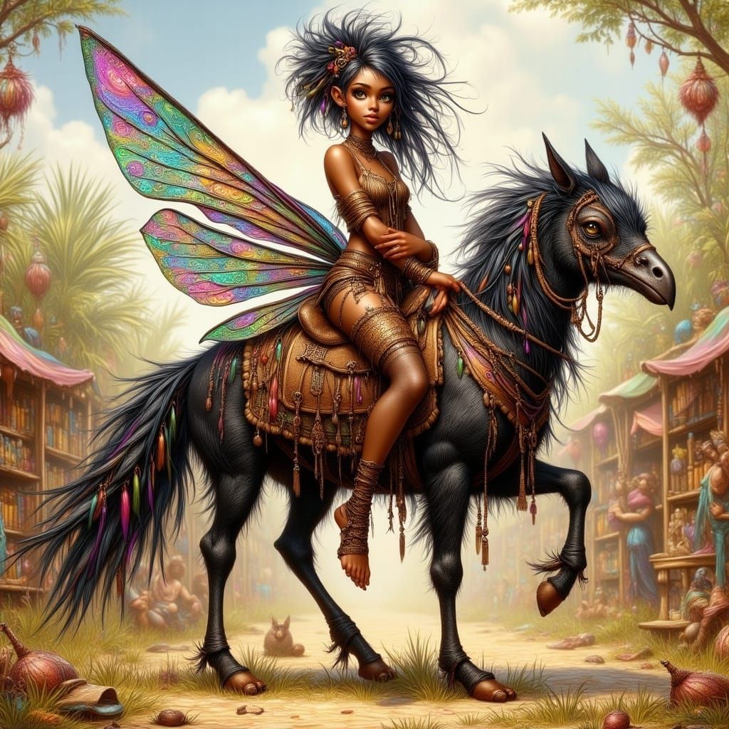 Steampunk Pixie Riding a Majestic Crow