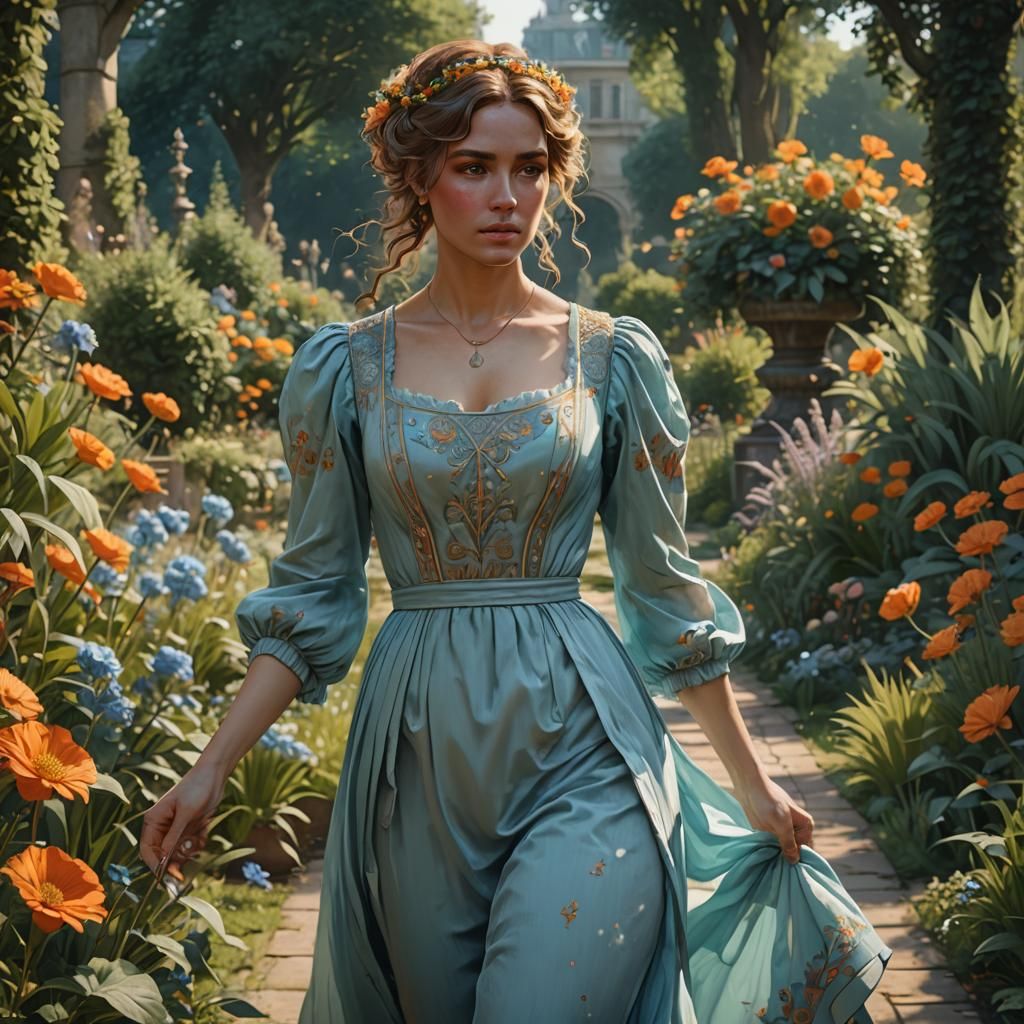Young Woman in Garden: Hyperdetailed Concept Art