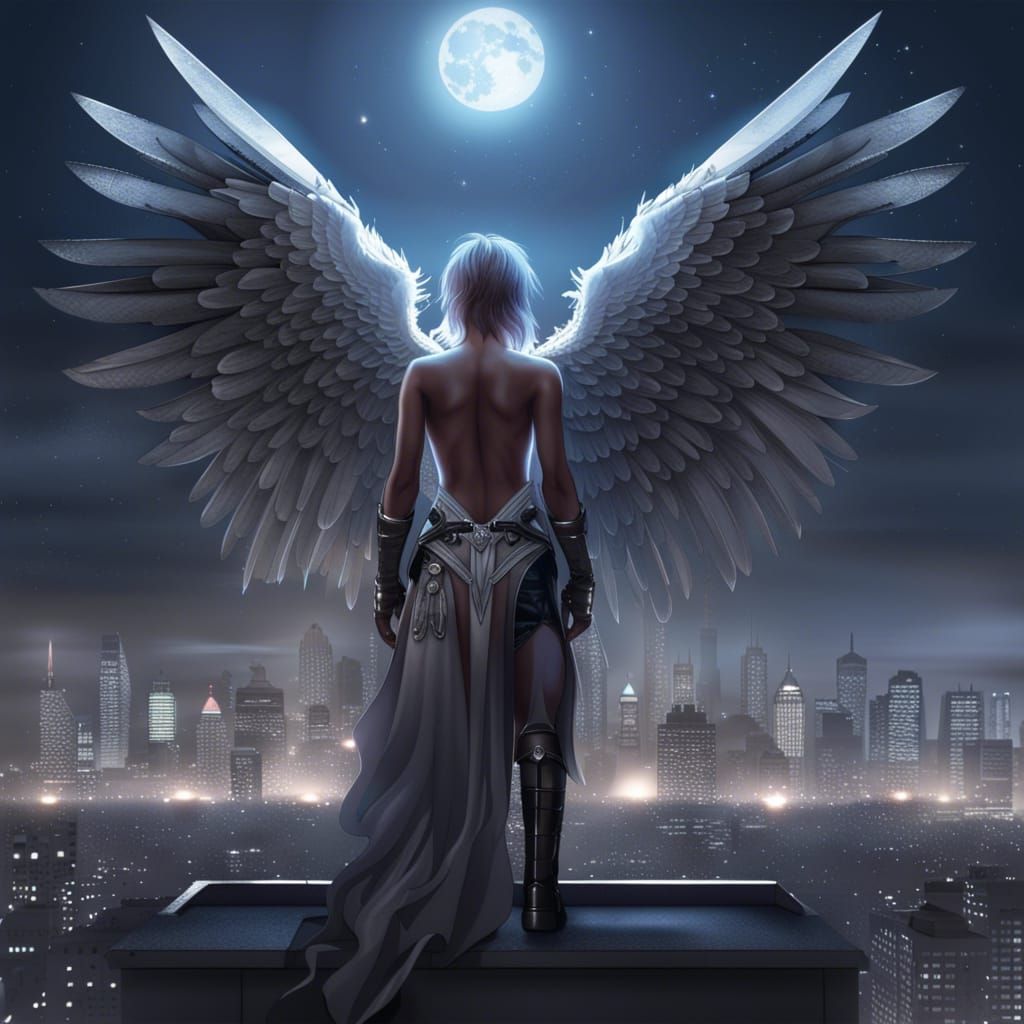 Powerful Angel with Silver Wings Overlooking City
