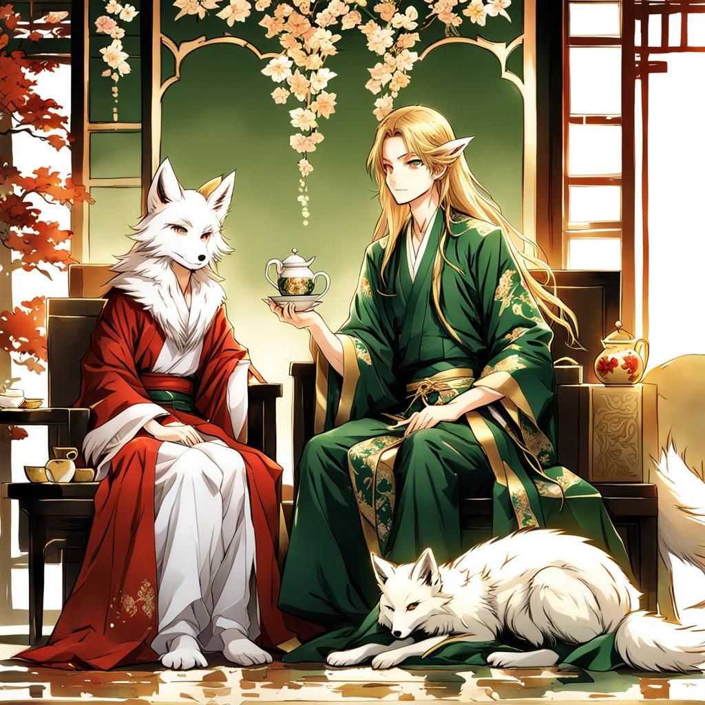 Elven Man and Fox Woman Enjoying Tea, in Anime Style
