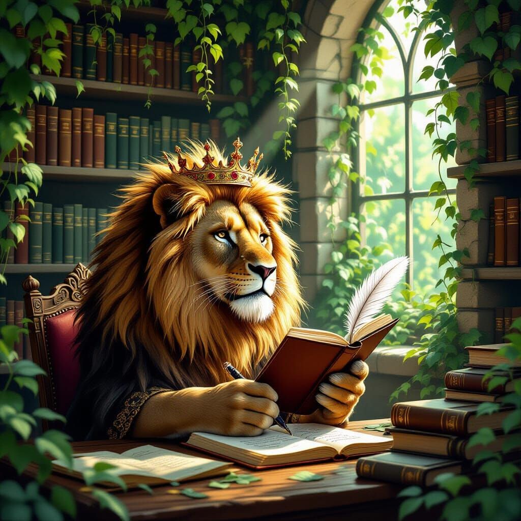 Lion Poet in Jungle Library, Storybook Style