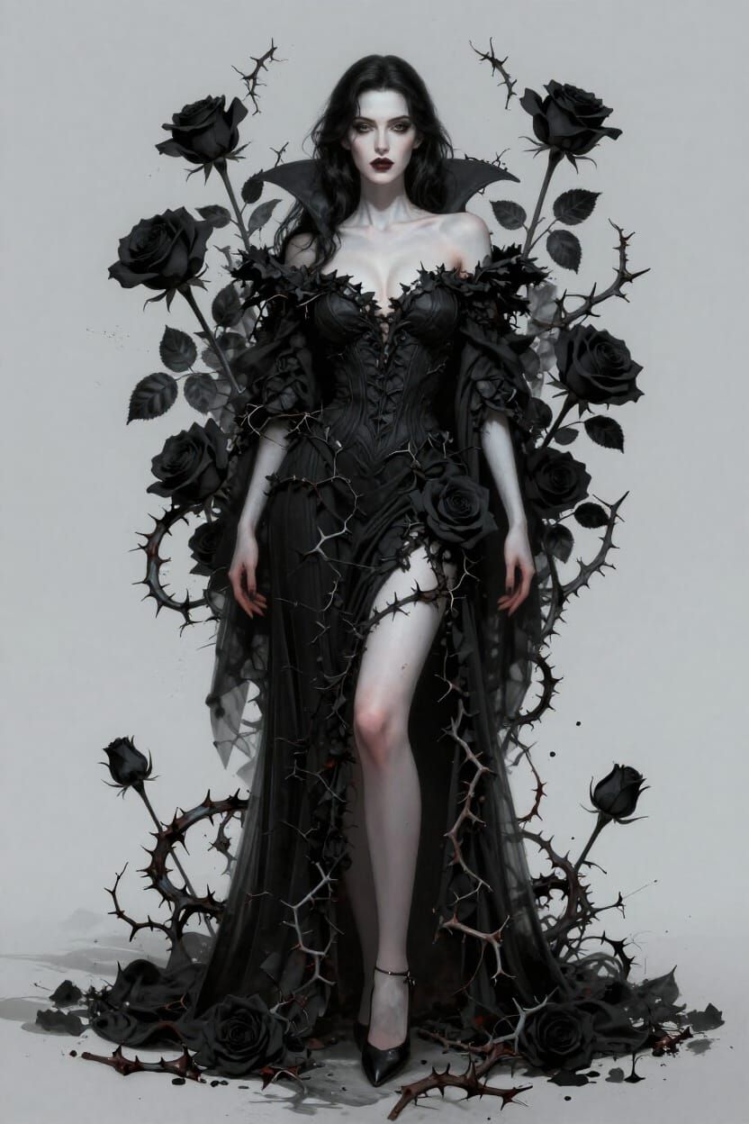 Vampire Queen Adorned with Black Roses and Thorns