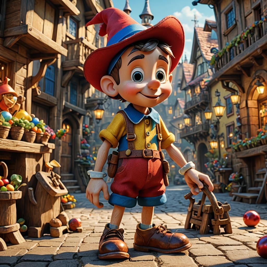 Cute Pinocchio Character in Pixar CGI Style