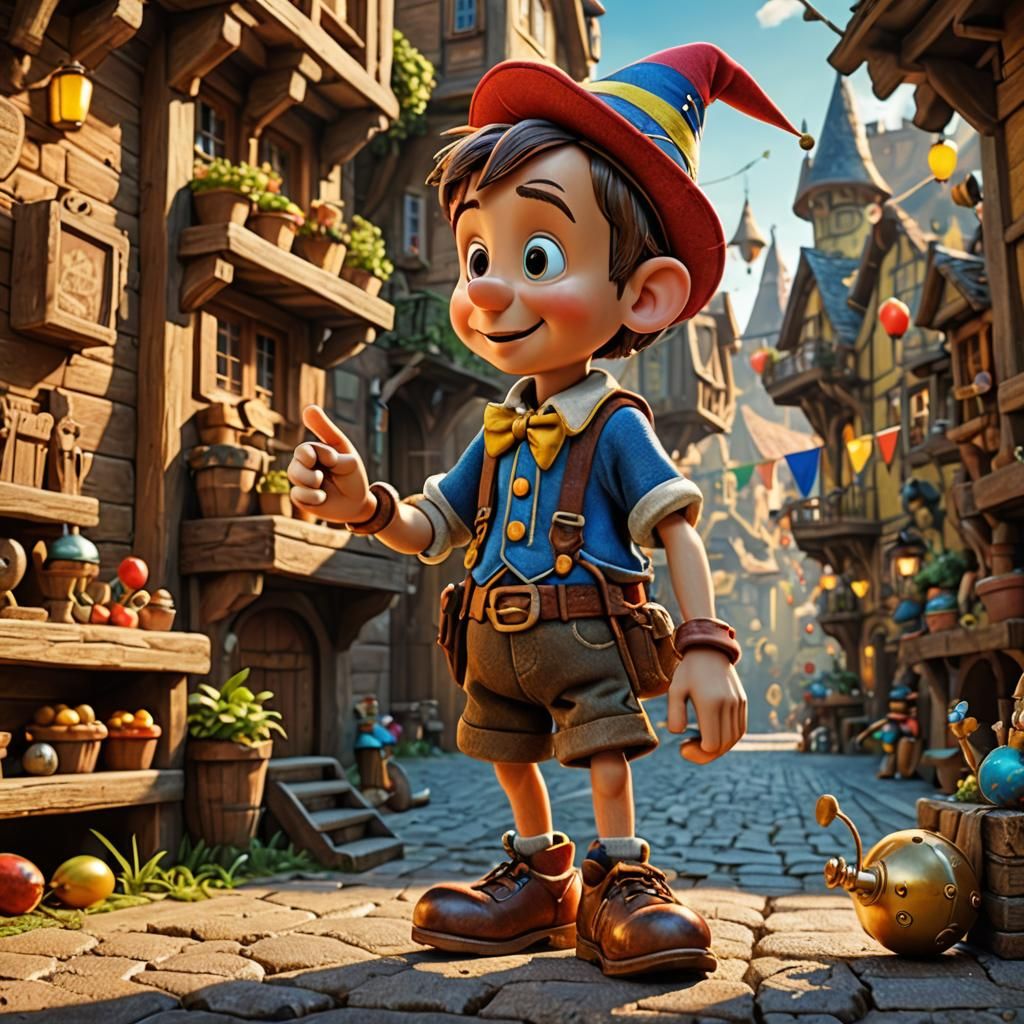 Pixar-Style CGI Pinocchio in Action Pose