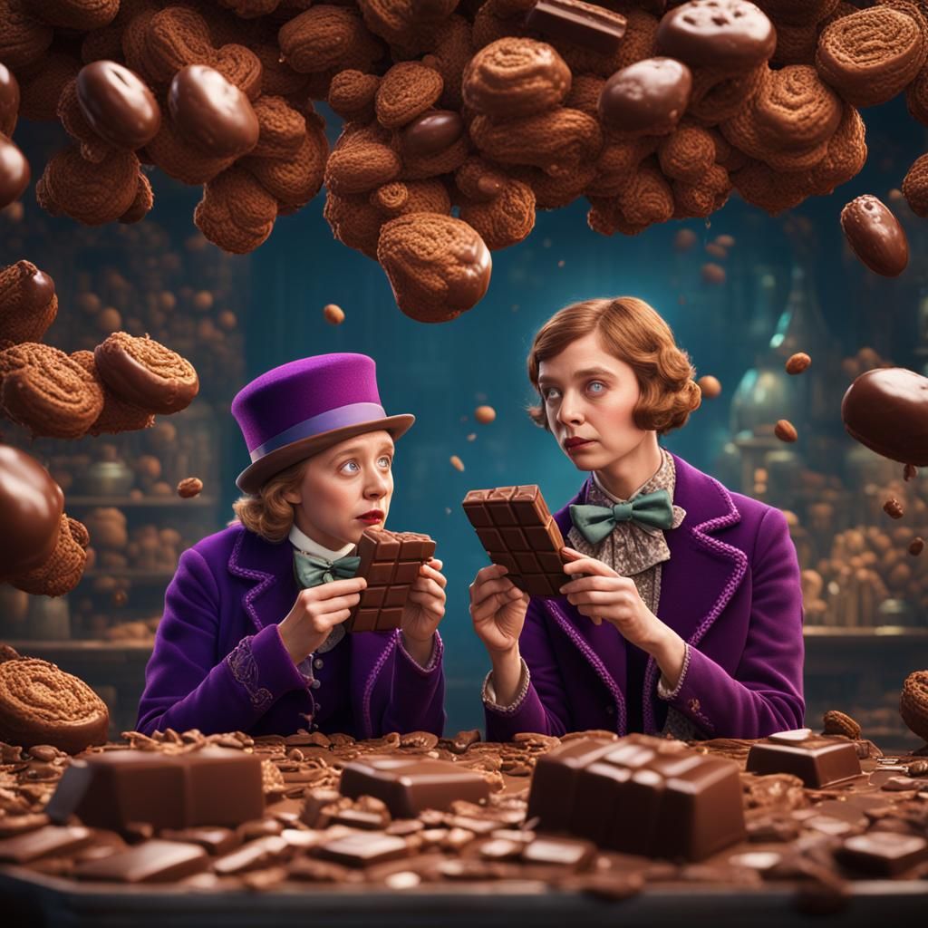 Woman Enjoys Willy Wonka Chocolate: Detailed Matte Painting