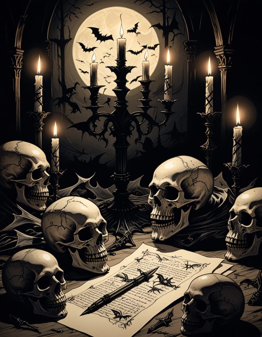 Gothic Skulls, Bats, and Daggers Ink Illustration