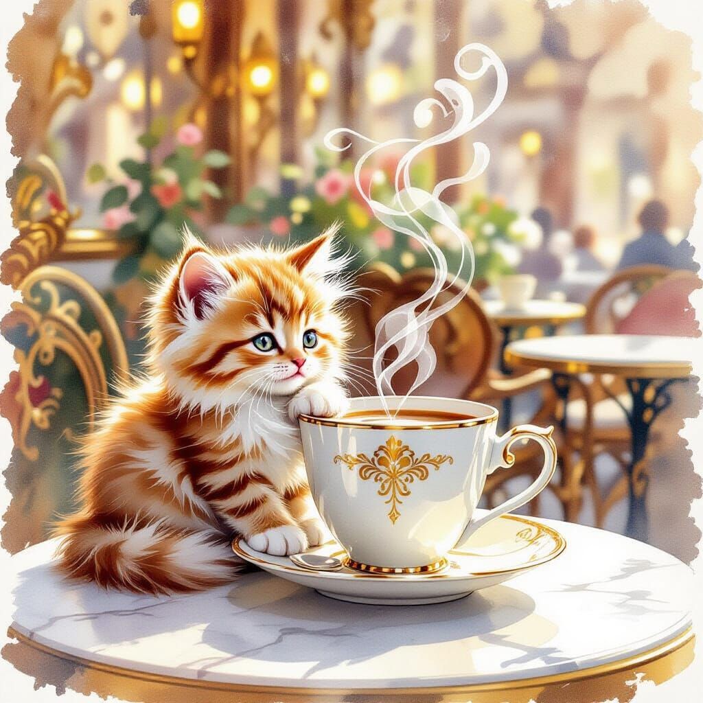 Whimsical Watercolor Kitten with Coffee Cup in Viennese Cafe