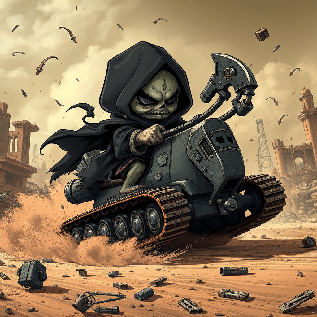 Chibi Grim Reaper Races Rocking Horse Tank in Wasteland