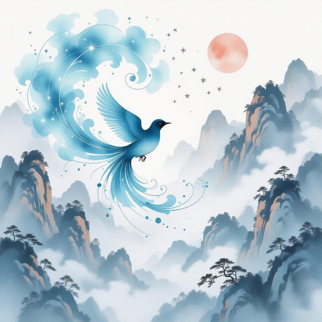 Cyan Bird Merging into Galaxy Ink Patterns