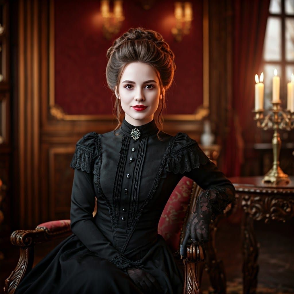 Elegant Victorian Vampire Lady Sits in Grand Mansion