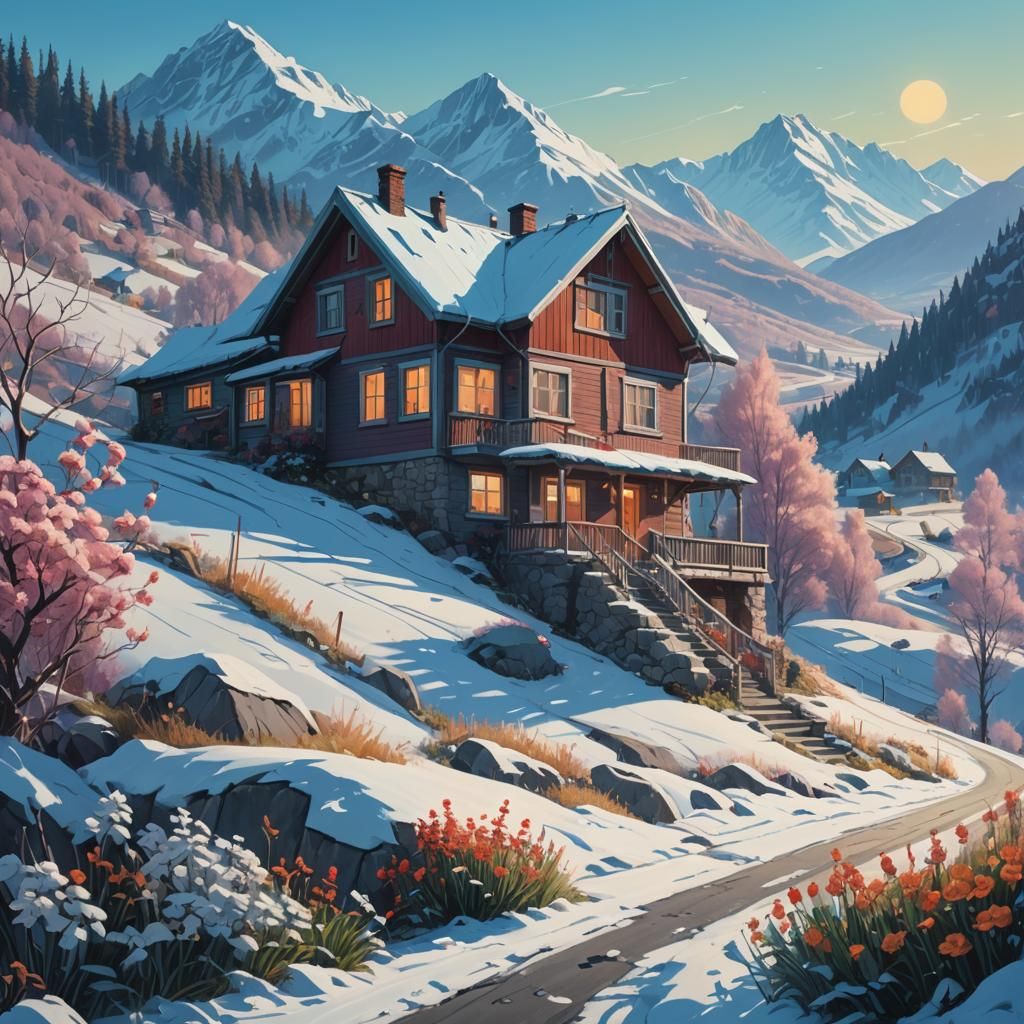 Enchanting House on Snowy Mountain Road in Magical Realism