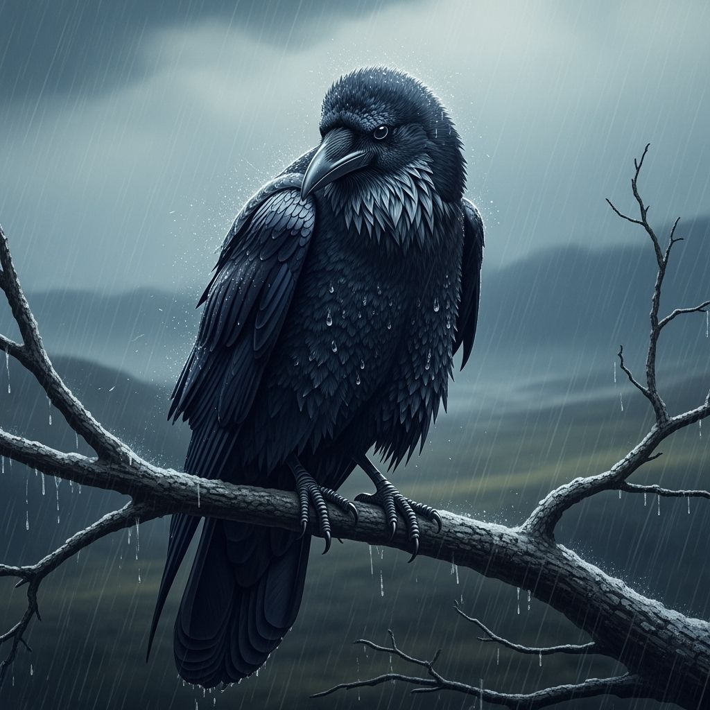 Miserable Raven in Winter Rain, Detailed Matte Painting