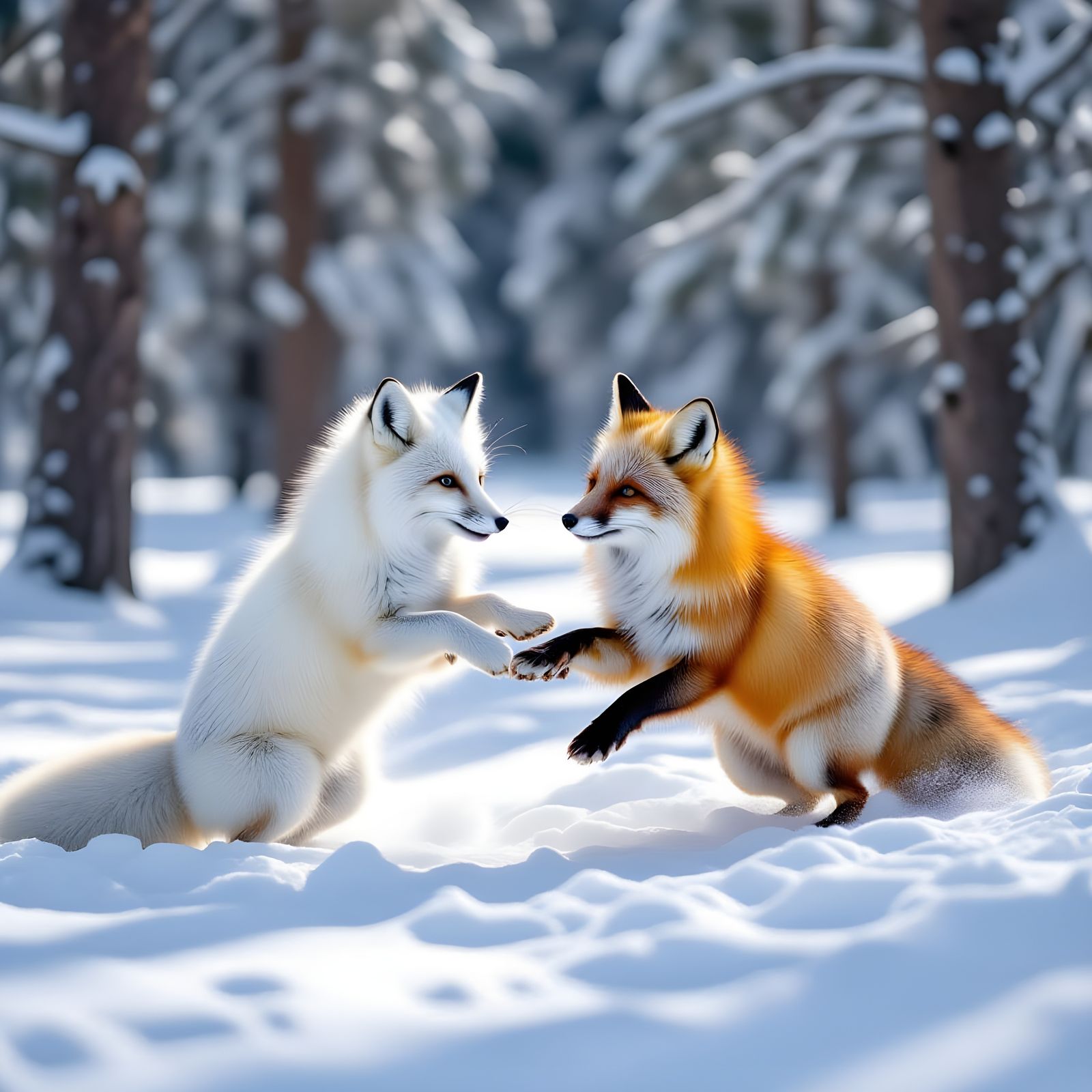 Playful Foxes in Snowy Forest: Hyperrealistic Wildlife Scene