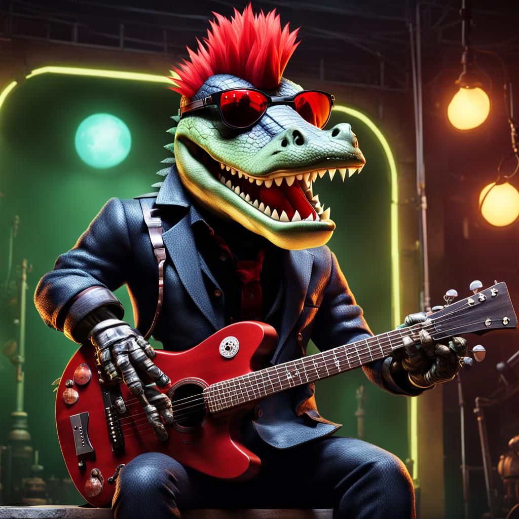Animatronic Alligator with Mohawk and Guitar