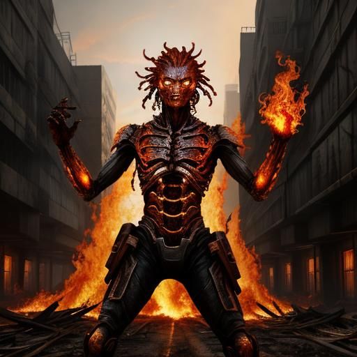 Fiery Humanoid in Dystopian Cityscape