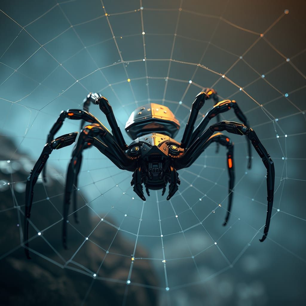 Mechanical Spider in Metallic Web, Sci-Fi Art