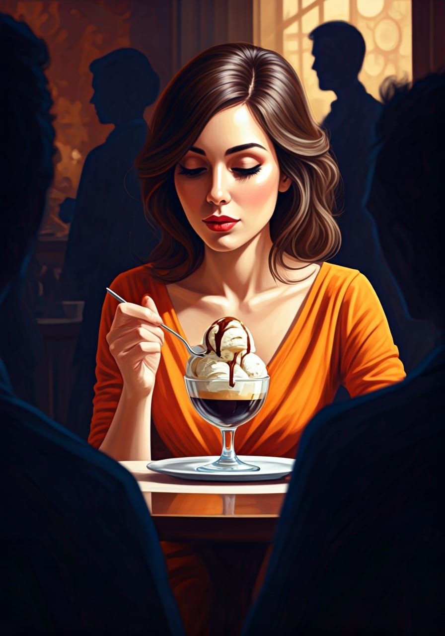 Italian Woman Enjoying Affogato: Digital Painting