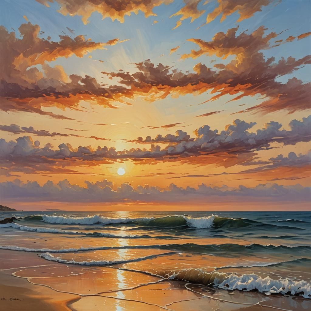 Serene Sunset Seascape in Surrealist Oil Painting