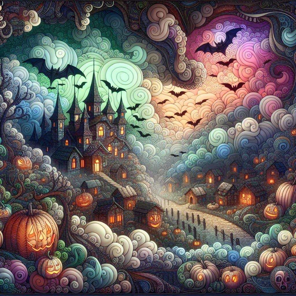 Zentangle Medieval Village on Halloween Night