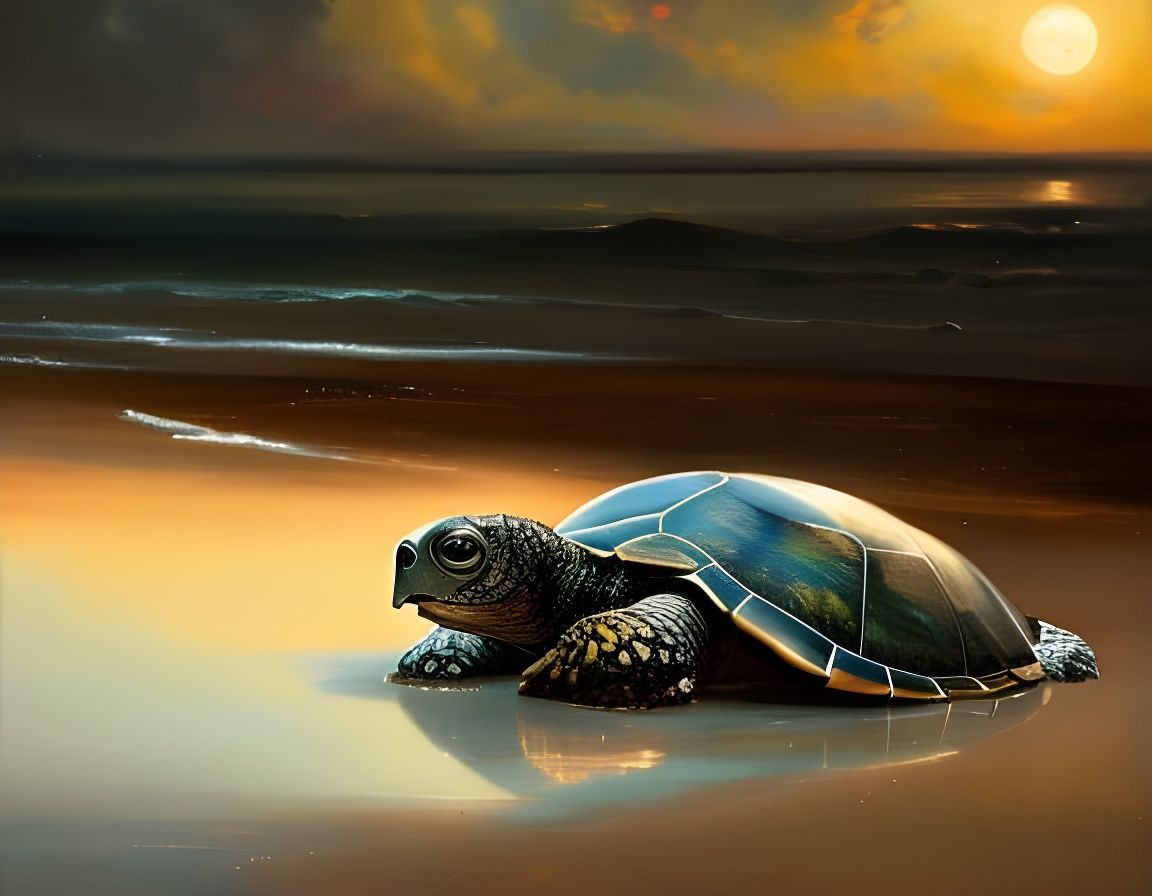 Baby turtle melting on the beach at sunset