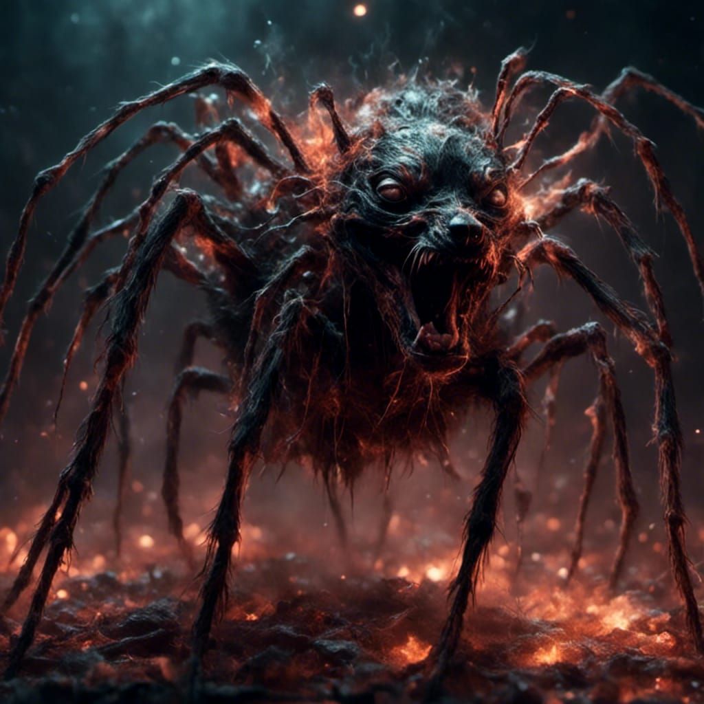 Cursed Undead Dog with Spider Tattoos in Surrealist Art