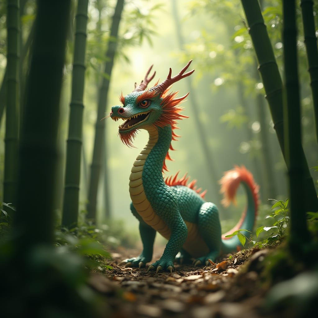 Chinese Dragon in Misty Bamboo Forest, Professional Photogra...