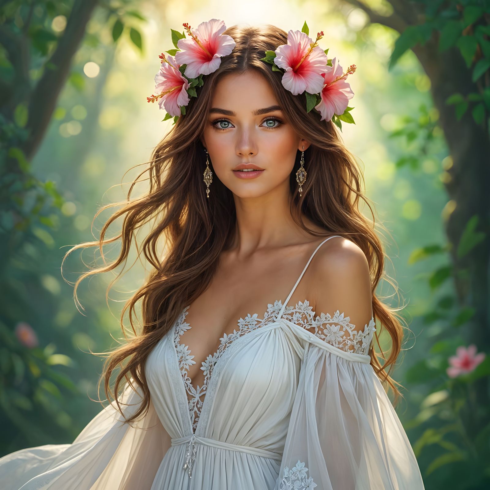 Ethereal Woman with Hibiscus Crown in Art Nouveau Style