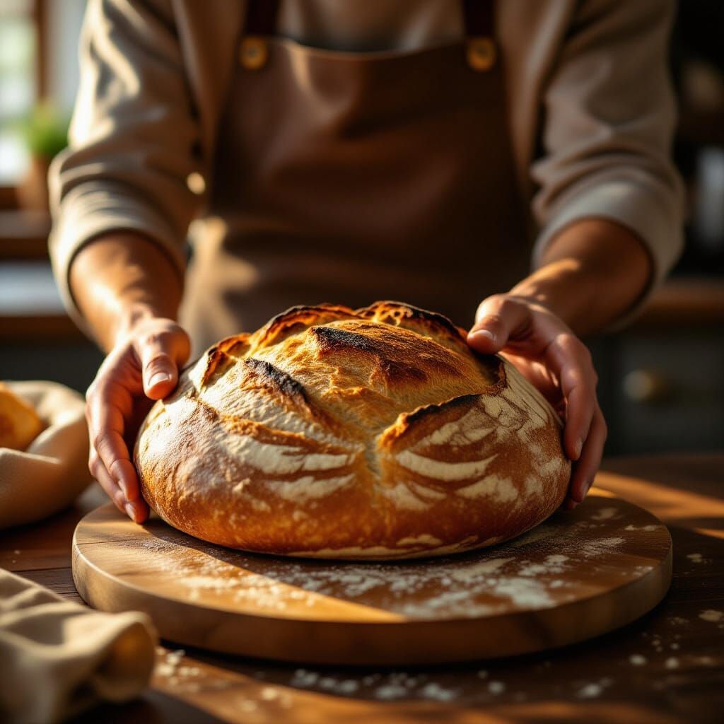 Warm Artisanal Bread Offered in Golden Hour Light