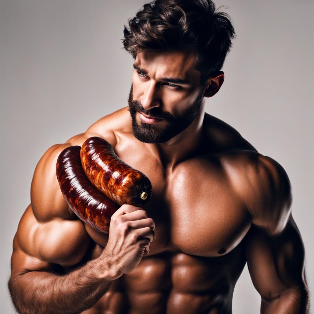 Young Man Eating Sausage Portrait