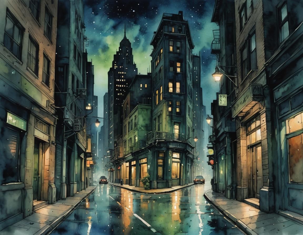 Fantasy Noir Cityscape in Moody Watercolor Style