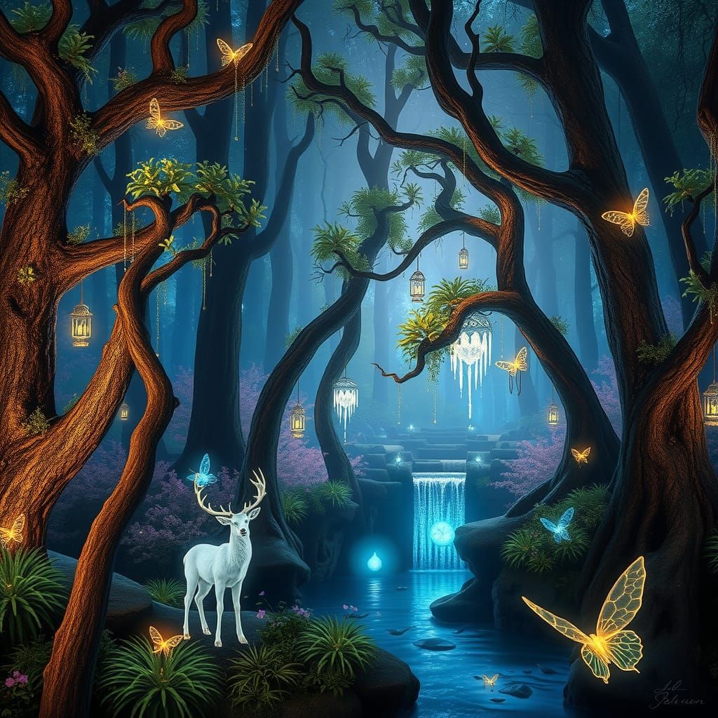Twilight Forest with Luminous Trees and Bioluminescent Life