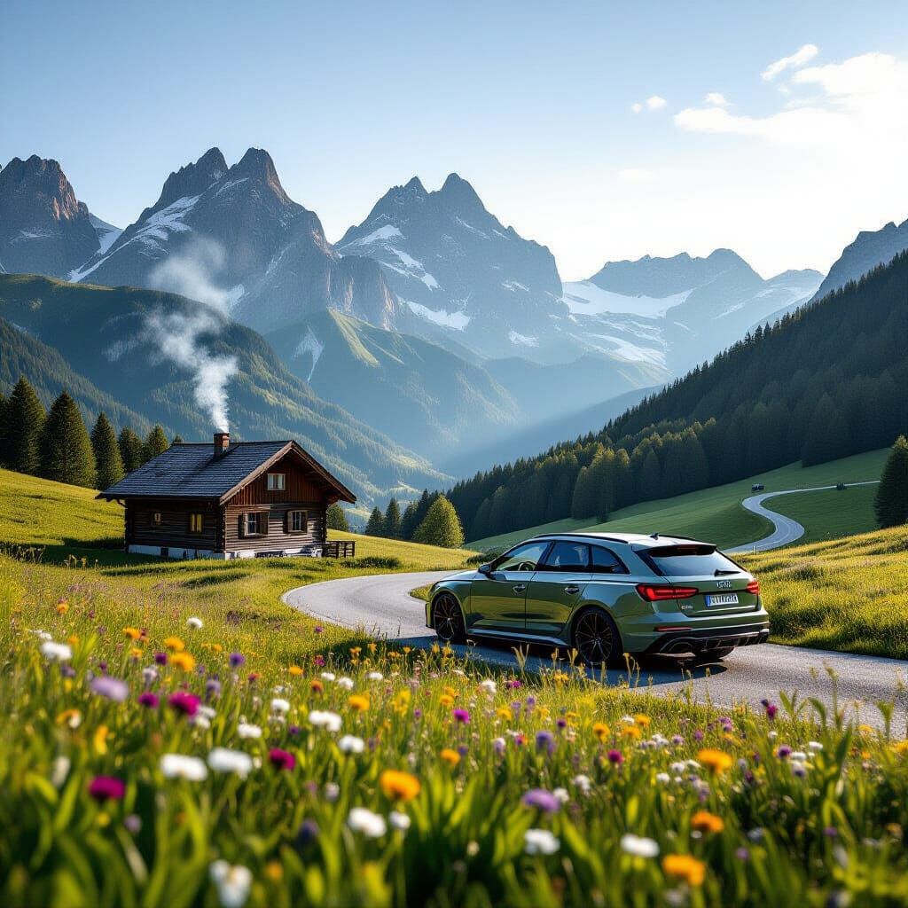 Cinematic Alpine Vista with Cabin and Audi