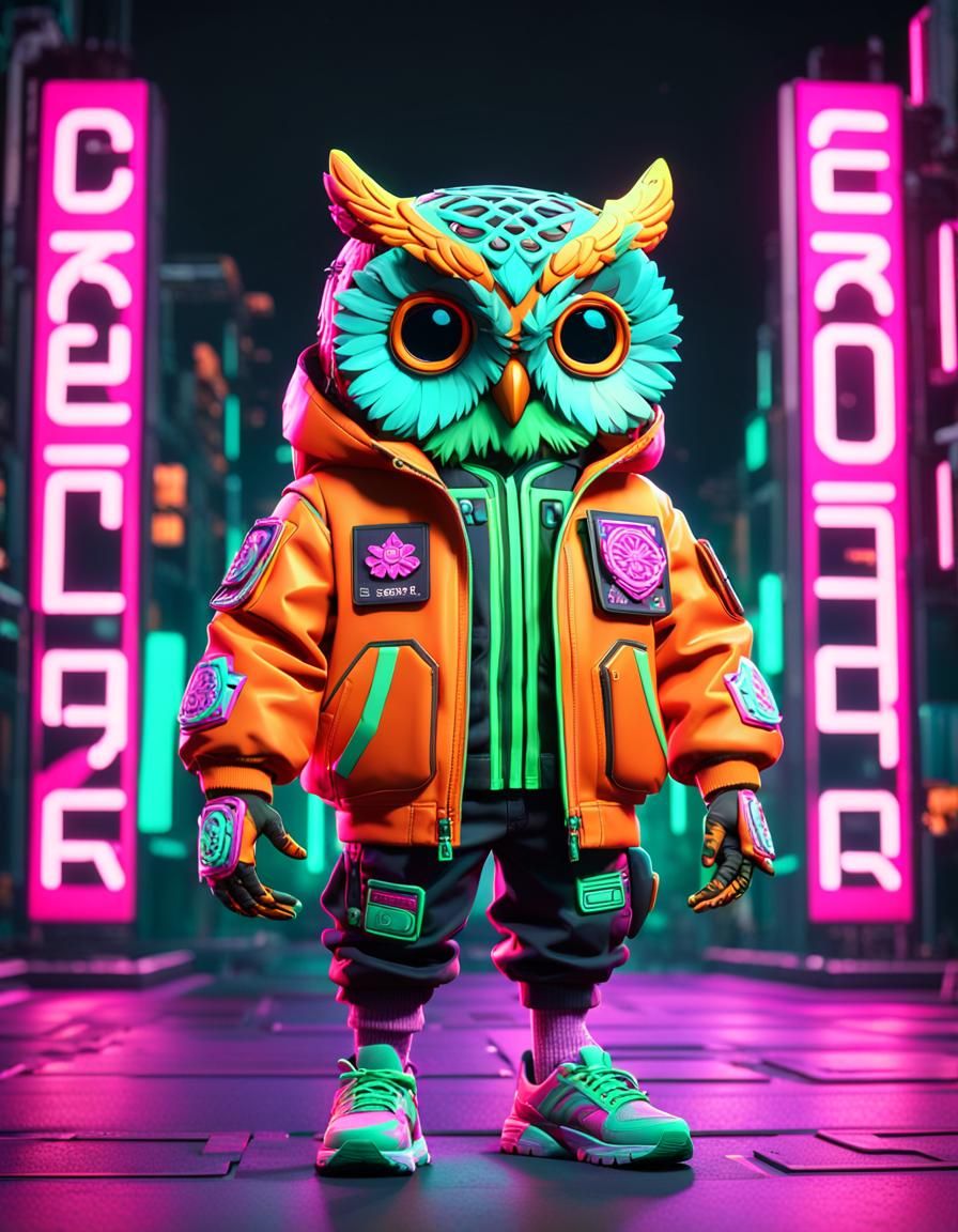 Cyberpunk Floral Owls in Neon Cityscape