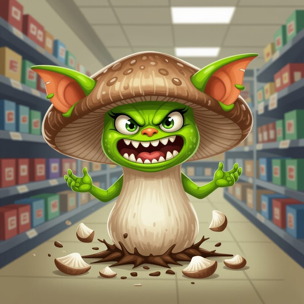 Mischievous Mushroom Gremlin Chaos in Cartoon Style