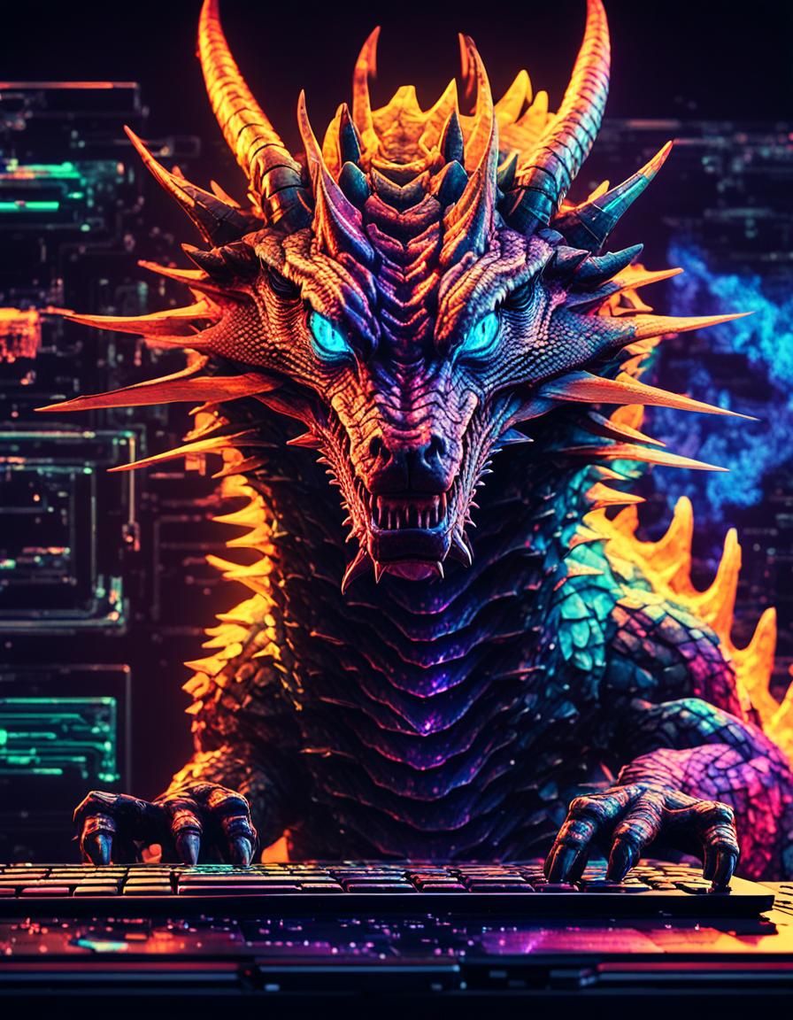 Cyberpunk Dragon Emerges in Glitch Art