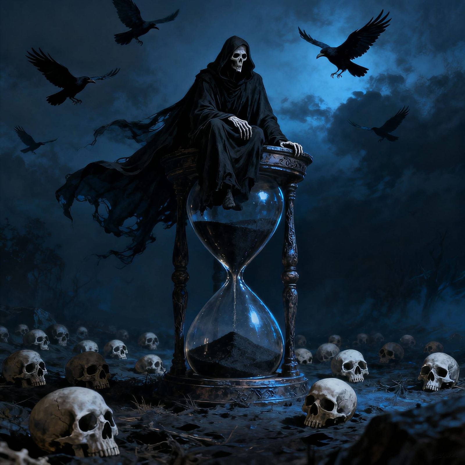 Grim Reaper Watches Time Flow on Hourglass