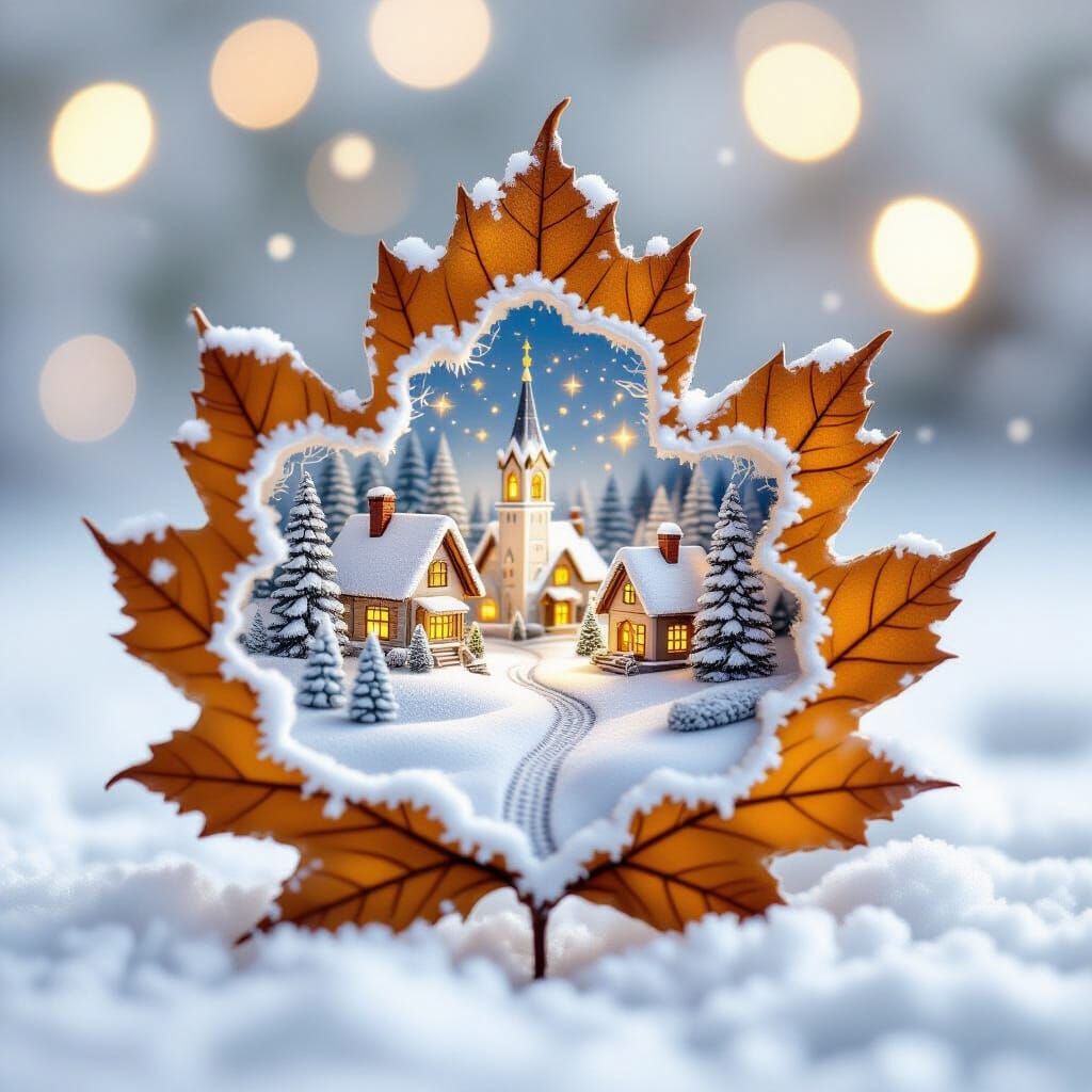 Winter Village Carved in Autumn Leaf - Macro Fantasy Photogr...