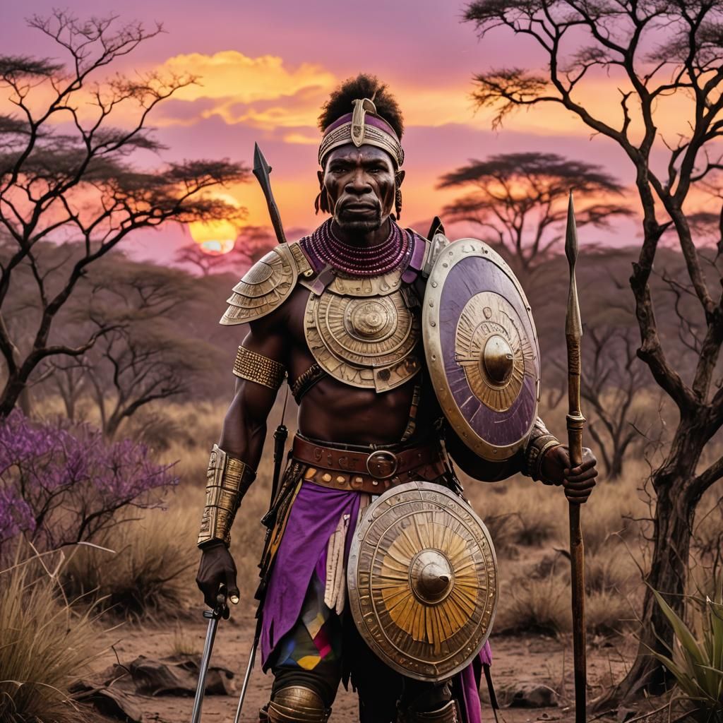Zulu Warrior in War Dress Against African Sunset
