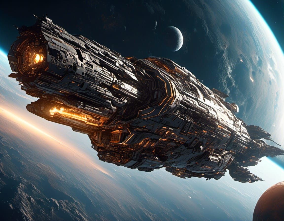 Sci-Fi Spaceship in Outer Space in Comic Style