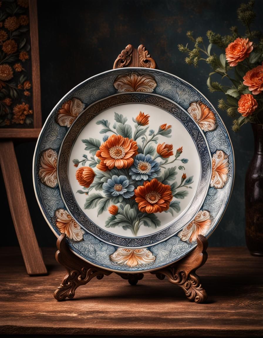 Ornate Ceramic Plate with Hand-Painted Flowers