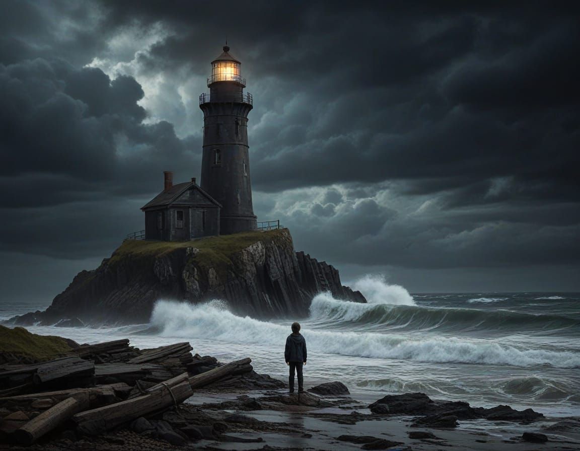 Boy at Crumbling Lighthouse in Stormy Seas - Oil Painting