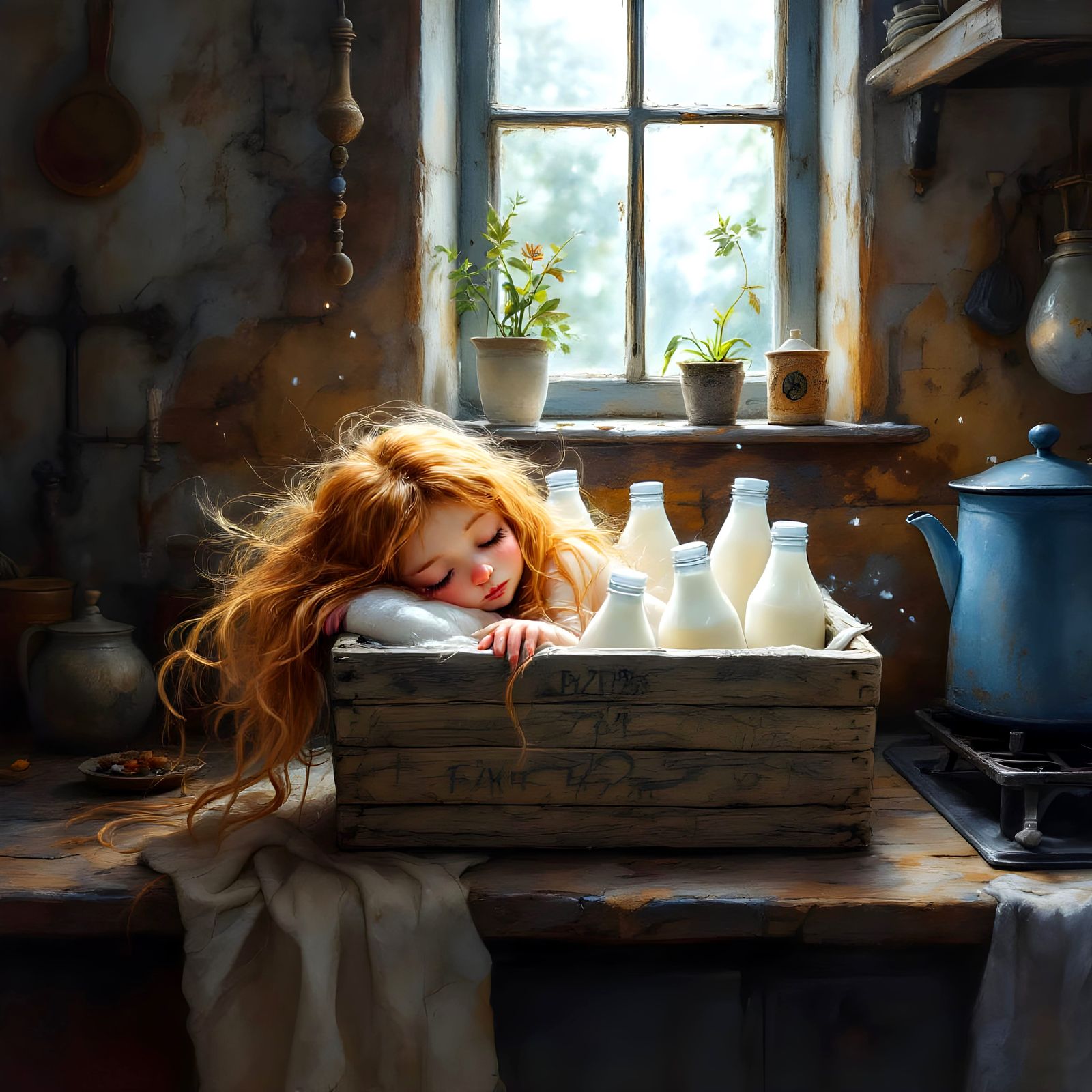 Fairy's Milk Crate Bed: Watercolor Oil Painting