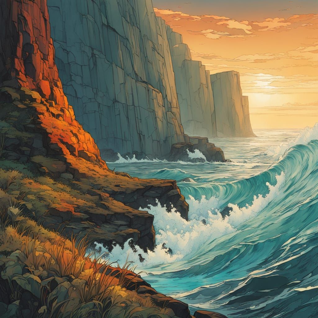 Turbulent Sea Cliffside View in Triadic Colors