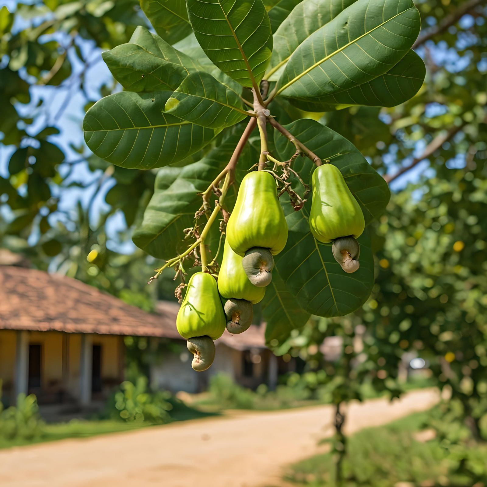 Cashew Tree with Green Fruit and Village Backdrop