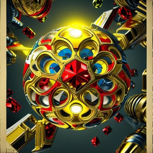 Photorealistic Maximalist Composition in Red, Gold and Blue